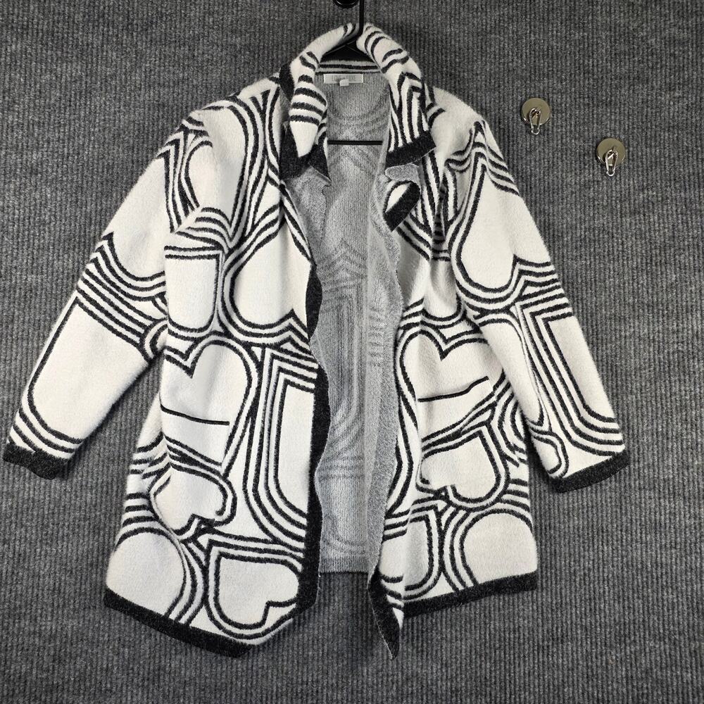 Love + Luxe Heart Print Open Front Fuzzy Cardigan‎ Jacket L Black White